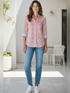Foxcroft NYC Pink Geometric Print Button Down Shirt | Small